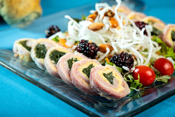 Gourmet dishes on the restaurant bar table.