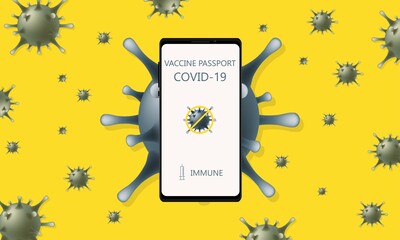 COVID-19 vaccine passport campaign awareness for epidemic control on smartphone app with immunity approved test concept, bright yellow background.