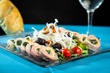 Gourmet dishes on the restaurant bar table.