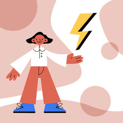 Happy person standing, showing lightning with hand. Vector modern stock illustration. Smiling woman, man holding lightning sign. Concept: idea, power, success, energy, electricity. Abstract background