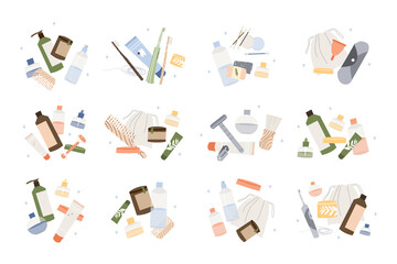 Bathroom accessories, bath items, toiletry. Oral care, natural skin care, organic cosmetics. Zero waste bathroom, reusable products. Eco friendly lifestyle. Vector flat cartoon illustration
