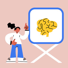 Teacher, scientist or professor showing presentation, conference. Woman speaker, blackboard or screen. Brain, biology, imagination, neurology concept. Vector eps illustration isolated. Brain anatomy