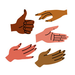 Multicultural hand gestures. Vector illustration set. Concept of diversity, people, equality, culture, set. Palm, ok, communication language, pose, gesturing. Stock eps vector collection on white.