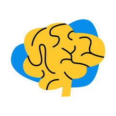 Yellow cartoon brain isolated on white. Concept of intellect, creativity, brain care, education, biology, imagination. Vector stock flat illustration. Abstract brain profile.  Mental health