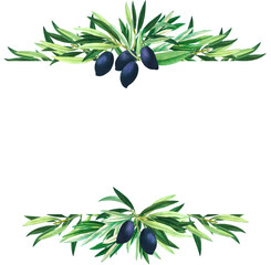 Obraz na płótnie Canvas Olive tree branch split frame, green leaves and black fruits arrangement, vintage botanical illustration