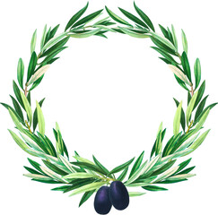 Fototapeta na wymiar Olive tree branch wreath, green leaves and black fruits frame, vintage botanical illustration