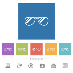 Glasses with glosses flat white icons in square backgrounds