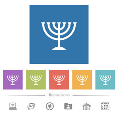 Menorah flat white icons in square backgrounds