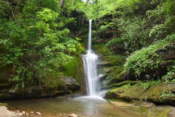 Beautiful waterfall in green forest in jungle. Jungle landscape with flowing red water of waterfall at deep tropical rain forest. National Park Old Mountain, Serbia