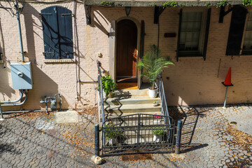 a shot of a stoop with a brown door and a black rod iron gate in front of the stairs with plants on...