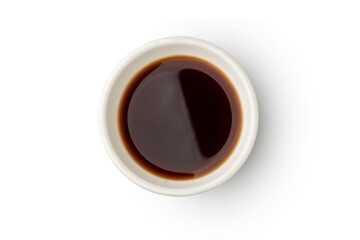 Bowl of Soy sauce isolated on white background with clipping path.Top view