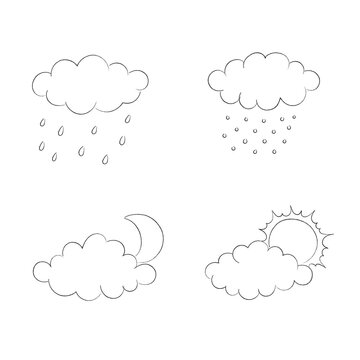 Simple cartoon set with clouds, sun and moon, rain and snow. Black and white. Clouds vector collection in line art style.