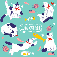 cute cat in different poses. Vector cartoon flat illustration. Funny playful kitty isolated on white background