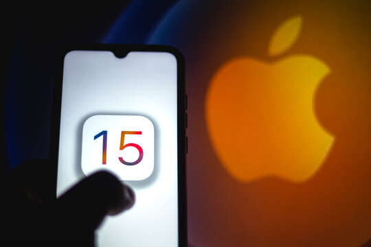 June 8, 2021, 2021, Brazil. In this photo illustration the iOS 15 logo is seen on a smartphone with an Apple logo in the background.