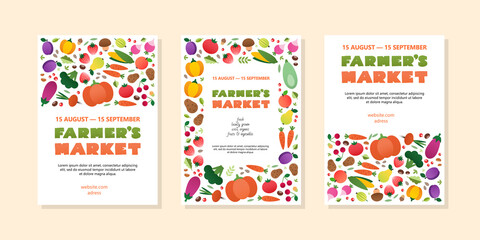 Obraz premium Set of farmer's market templates. Three colorful backgrounds with vegetables and fruits drawn in a flat style. Can be used for poster, flyer, menu, invitation or banner. 