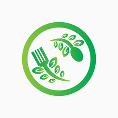 green food logo design template. simple style logo spoon, fork and leaf illustration vector