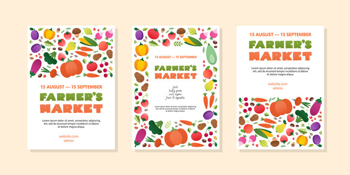 Set of farmer's market templates. Three colorful backgrounds with vegetables and fruits drawn in a flat style. Can be used for poster, flyer, menu, invitation or banner. 