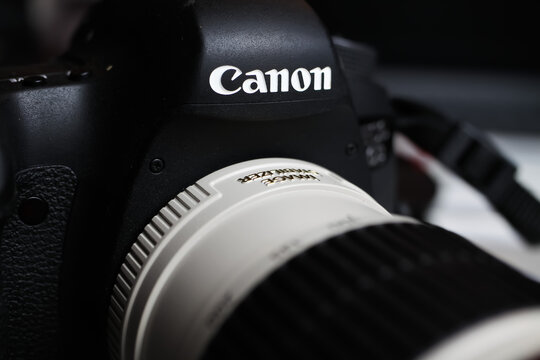 Viersen, Germany - May 9. 2021: Macro closeup of canon eos 6d digital camera with 200 mm telephoto lens with image stabilizer