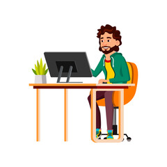 bearded young man guy work at pc in office cartoon vector. bearded young man guy work at pc in office character. isolated flat cartoon illustration
