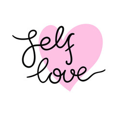 Line drawing text - self love. With pink heart. Minimalist vector lettering isolated on white background for banner, sticker, print, embroidery, etc.