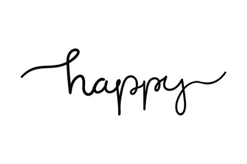 Continuous line drawing text - happy. Minimalist vector lettering isolated on white background for banner, sticker, print, embroidery, etc.