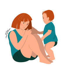 Sad mother sitting on the floor with her crying child. Postpartum depression concept. Colorful vector illustration in flat cartoon style.