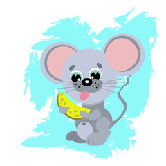 A cute gray little mouse cub holds a piece of yellow cheese in its paws