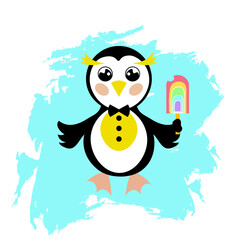 A little panda bear holds a camera in its paws. Children's illustration, background, wallpaper for the room, print, cute, design, poster, postcard, bed linen, for children's clothing