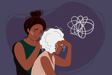 Young woman helps eldery gray-haired woman with dementia and bewildered thoughts in her mind. Concept of memory loss anf fight with amnesia and mental disorder. Vector illustration.