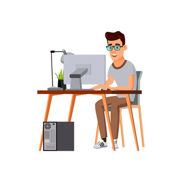 young man programmer developing computer program cartoon vector. young man programmer developing computer program character. isolated flat cartoon illustration