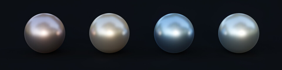 Set of pearls of different colors isolated on black. 3d illustration