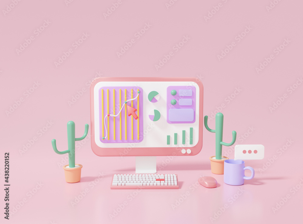 Fototapete 3D rendering SEO or Search Engine Optimization marketing concept. growth web analytics click search via keyword information computer on pink pastel background illustration minimal style