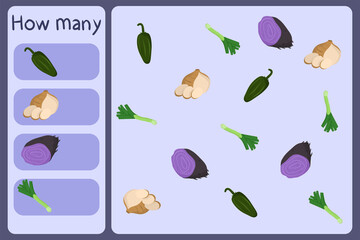 Kids mathematical mini game - count how many vegetables - jalapeno, jicama, ube, leek. Educational games for children. Cartoon design template on colorful backdrop. Vector graphic.