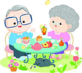 Cute elderly couple drink tea peach together in the backyard with their cat . Vector illustration.