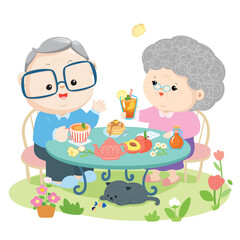 Cute elderly couple drink tea peach together in the backyard with their cat . Vector illustration.