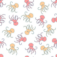 Detailed seamless pattern with octopus. Anti stress coloring page. Black white hand drawn doodle oceanic animal. Endless texture can be used for wallpaper, pattern fills, wrapping paper. Vector.