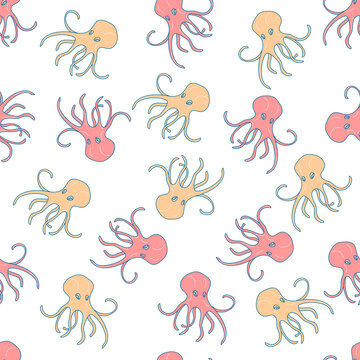 Detailed seamless pattern with octopus. Anti stress coloring page. Black white hand drawn doodle oceanic animal. Endless texture can be used for wallpaper, pattern fills, wrapping paper. Vector.