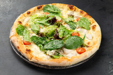 pizza with chicken, herbs, tomatoes and cheese.
