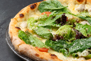 pizza with chicken, herbs, tomatoes and cheese.