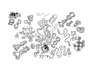 Obraz premium Chess game figures board stylized doodle sketch hand drawn print textile. isolated elements on a white background graphic line