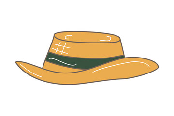 Hand drawn sketchy straw hat. Fashionable cute cartoon summer hat with ribbon.