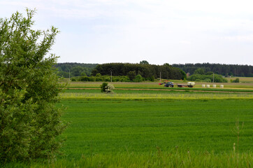 rural landscape of pasture and tractor collecting hay in the background