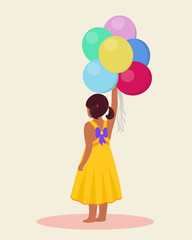 Pretty little girl in beautiful yellow dress with purple bowknot holding colorful balloons. Cartoon vector illustration