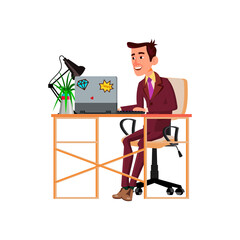 happy businessman make successful deal on computer cartoon vector. happy businessman make successful deal on computer character. isolated flat cartoon illustration