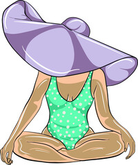 A beautiful girl in a swimsuit and a beach hat. A large woman's hat. Logo, label, sticker of the girl.Flat style. Vector graphics.
