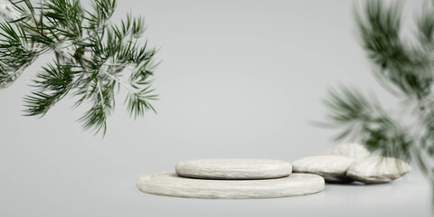 Podium, Cosmetic display stand with shadow on beige nature background . 3D rendering