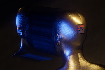 3d render of human person shaped robot installing micro chip on head, artificial intelligence concept