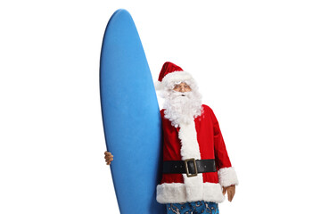 Santa wearing swimming suit and holding a surfing board