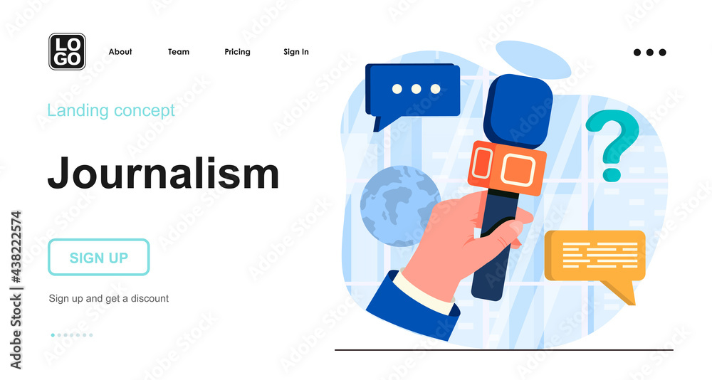 Aufkleber journalism web concept. journalist hand holds microphone. news program, mass media, press conference
