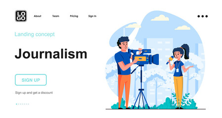 Journalism web concept. Woman reporting, man recording on camera. News program, mass media and press. Template of people scene. Vector illustration with character activities in flat design for website